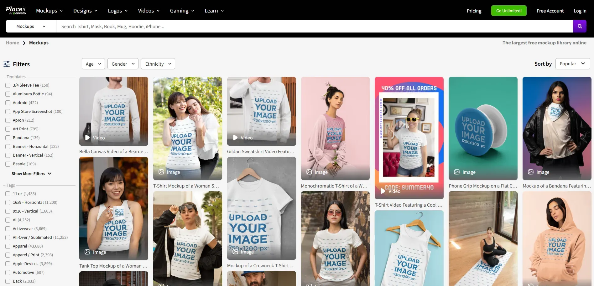 Placeit mockups page showing apparel templates with filter options and image and video previews.